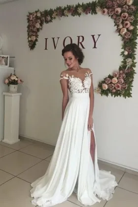 illusion lace cap sleeves chiffon casual wedding dress