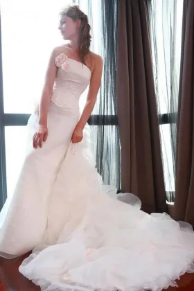 pinks flowers strapless cute ruffled organza wedding dress