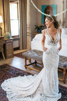V neckline sheer lace bodice mermaid sexy wedding dress