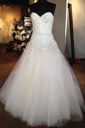 beaded flowers appliqued strapless tulle wedding dress