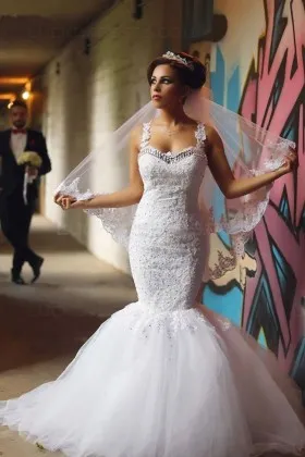 beaded lace tulle drop waist trumpet wedding dress