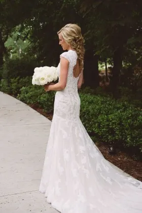 cap sleeves open back lace mermaid fall wedding dress