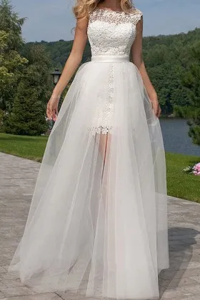 2 in 1 ivory lace sheer tulle summer wedding dress