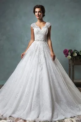 V Neck Cap Sleeve Delicate Lace Vintage Wedding Dress
