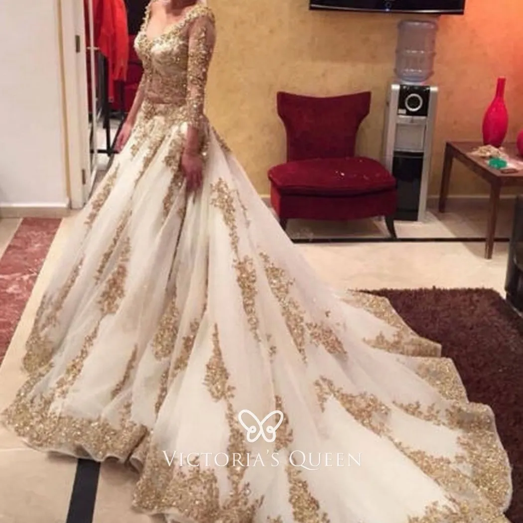 gold lace appliqued organza princess wedding gown with chapel train gold lace appliqued organza princess wedding gown with chapel train