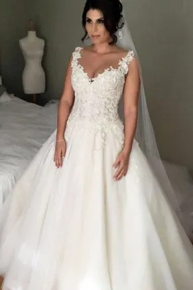 Jagged Lace Straps Corset Bodice Timeless Wedding Gown