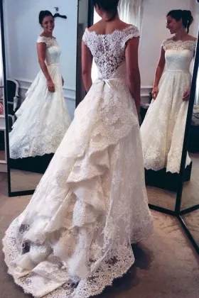 Ruffle Train Off shoulder Cap Sleeve Lace Bridal Gown