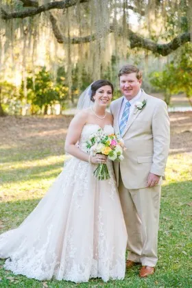 simple strapless blush satin lace and tulle bridal gown