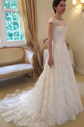 illusion neck cap sleeve classy lace simple bridal gown