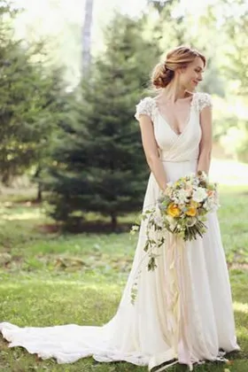 V neck floral cap sleeve chiffon summer wedding dress