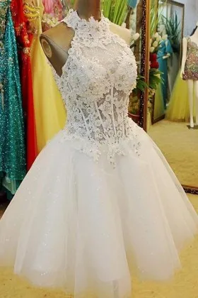 Beaded Lace and Tulle Corset Halter Short Wedding Gown