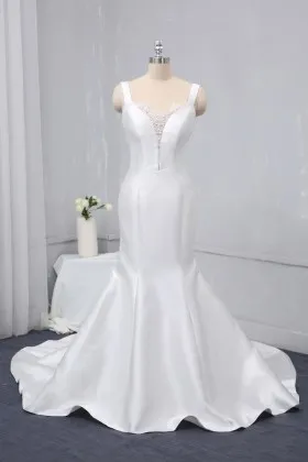 plunging neck wide straps white satin mermaid elegant wedding dress