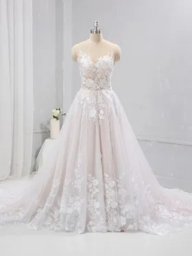 floral lace blush illusion neck romantic wedding dress