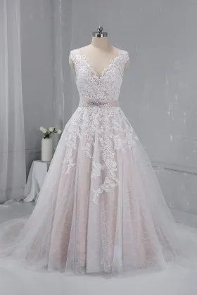 Blush Lining Jagged Lace Tulle V Neck Bridal Gown