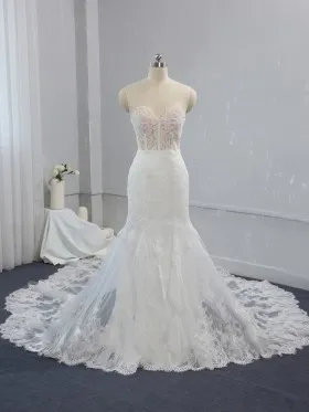 strapless nude bodice delicate lace mermaid bridal gown