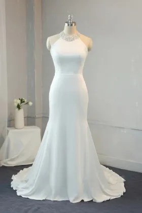 beaded halter neck white satin modern mermaid wedding dress
