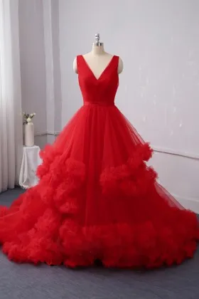Red Tulle V neck Ruffled Hem Colored Wedding Gown