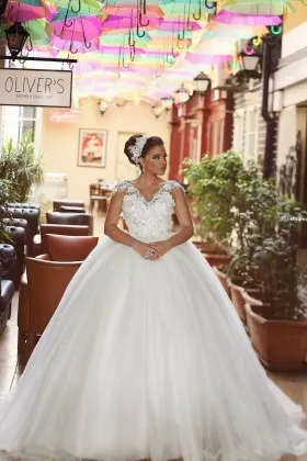 Beaded Lace Cap Sleeve Cinderella Wedding Ball Gown