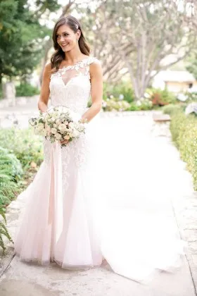 Light Pink One Shoulder Lace Tulle Spring Bridal Gown