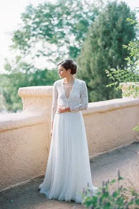 Plunging V Neck Long Sleeve Spring Outdoor Bridal Dress