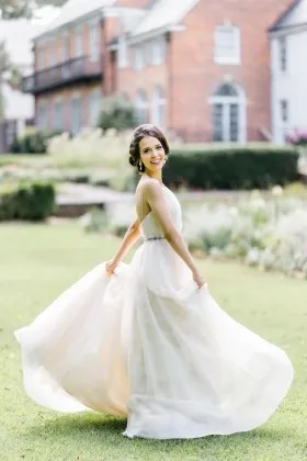 organza V neck with spaghetti strap spring wedding gown