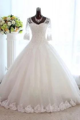 half sleeve beaded lace tulle ball gown wedding dress