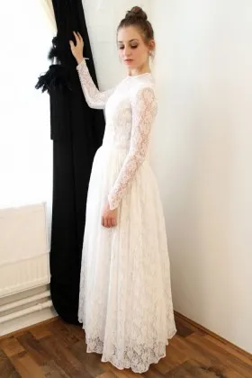 Crew Neck Long Sleeve Lace Cute Bridal Dress no train