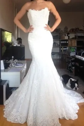 strapless jagged lace mermaid long wedding dress