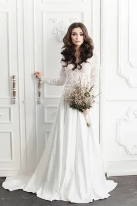 illusion lace long sleeve satin vintage wedding dress