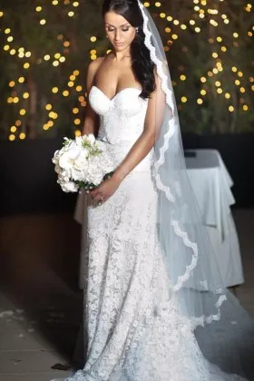 classic sweetheart lace tulle cathedral train wedding dress