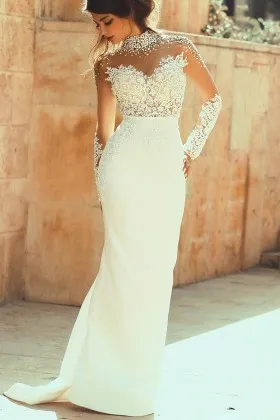Pearled Illusion High Neck Grecian Sheath Wedding Dress