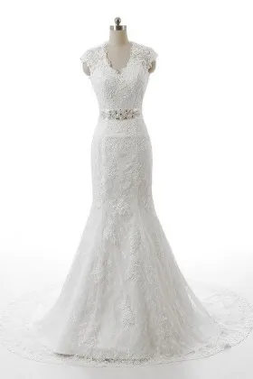 V neck cap sleeve lace mermaid classic wedding dress
