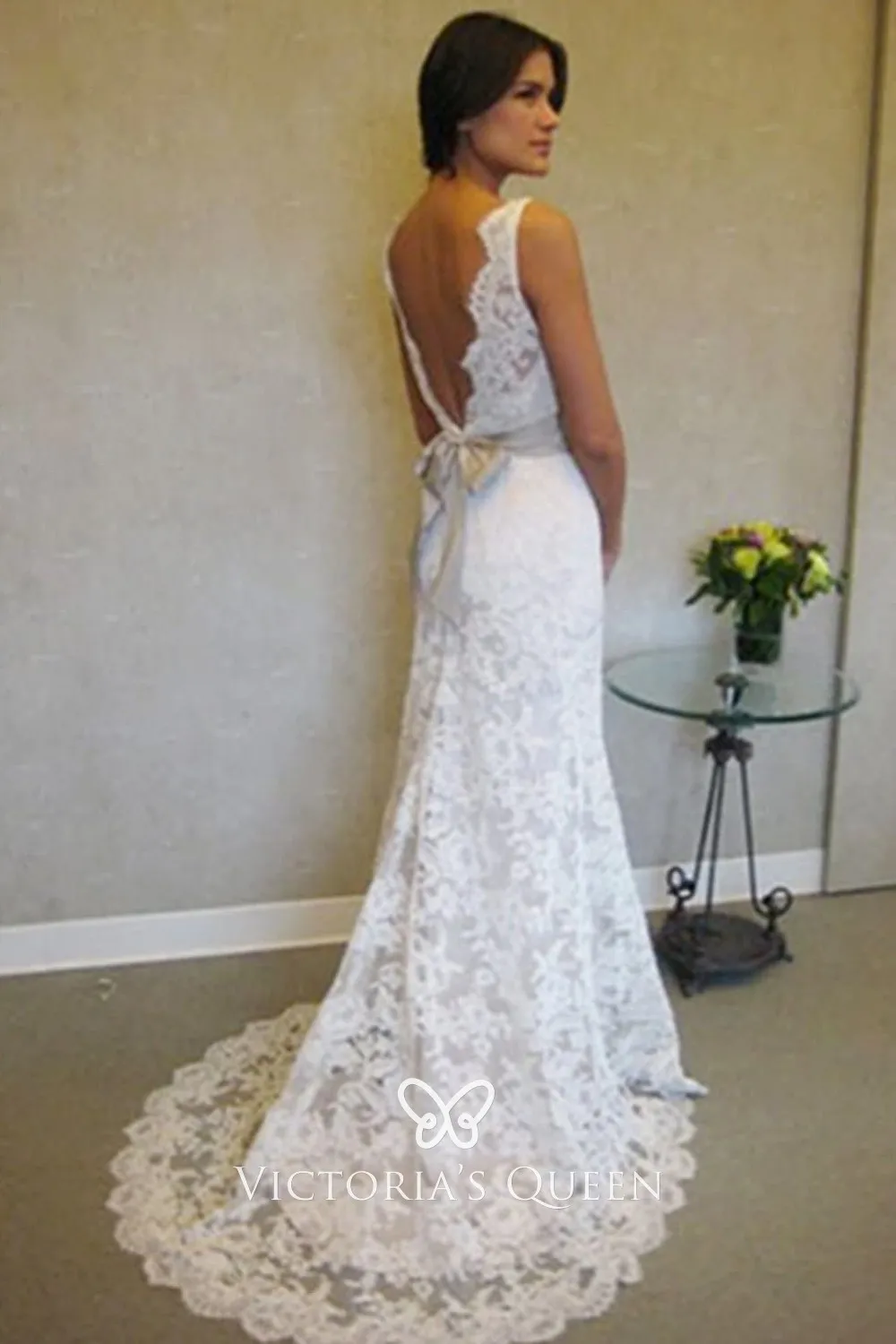 low V back ivory lace mermaid belt vintage wedding dress