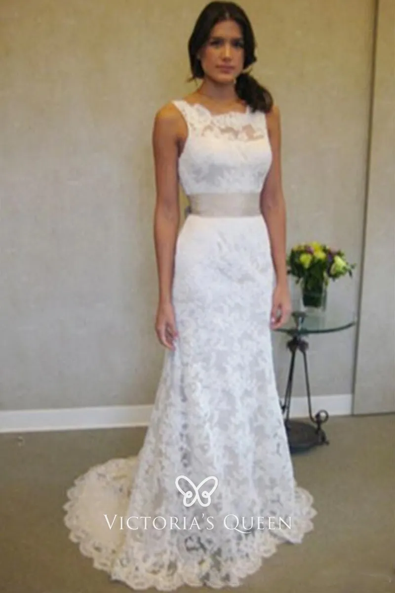 sleeveless ivory lace mermaid belt vintage wedding dress