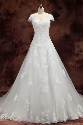 cap sleeve beaded bodice white lace tulle wedding dress