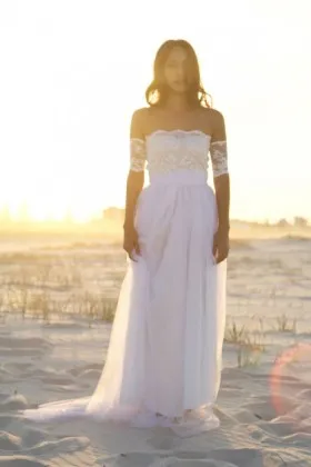 Separated Short Sleeves Lace Tulle Boho Wedding Dress