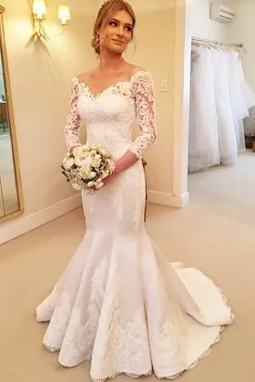 off shoulder 34 sleeves lace satin mermaid bridal gown