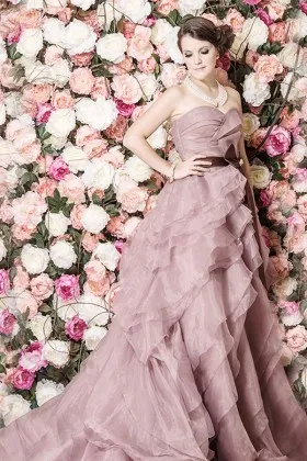 Ruffled Mauve Organza Strapless Vintage Wedding Dress