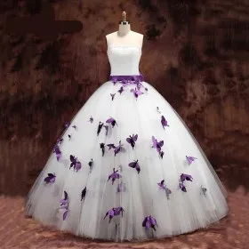 purple butterflies and pearl embellished tulle princess wedding ball gown