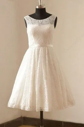 knee length illusion neck lace informal wedding dress