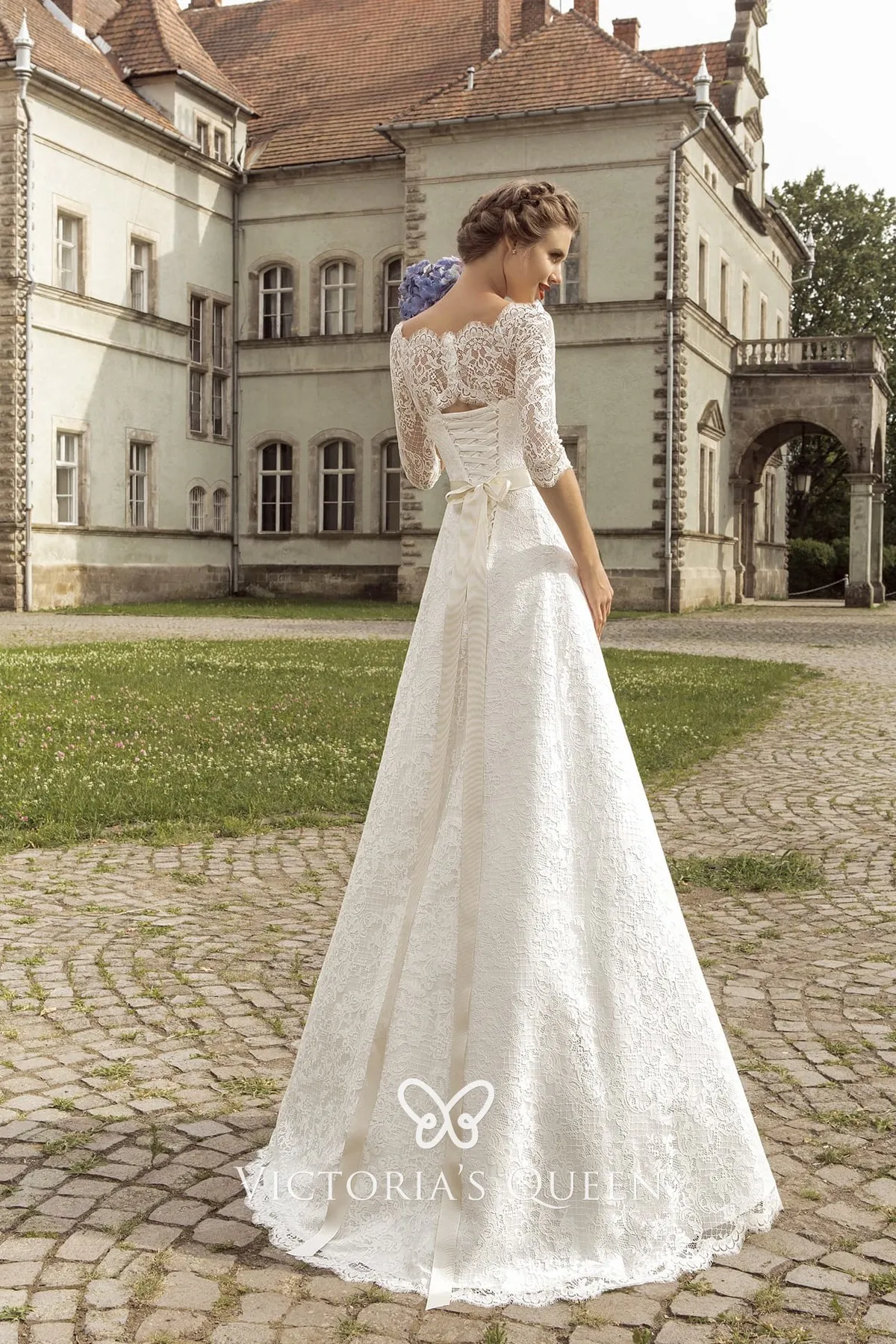 illusion neck 34 sleeves scalloped lace wedding dress with sweep train illusion neck 34 sleeves scalloped lace wedding dress with sweep train