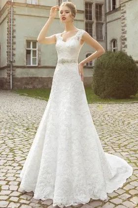 Cap Sleeve Scalloped Lace Simply Classic Wedding Dress