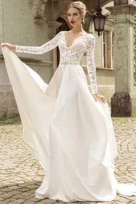 V neck long sleeve lace satin designer wedding dress