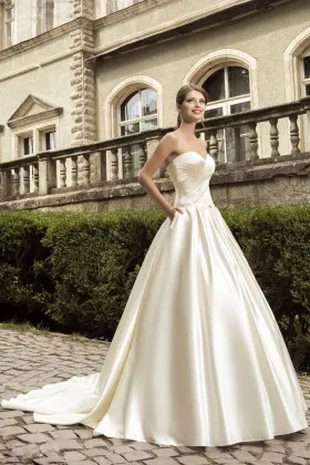 strapless pleated bodice glossy satin wedding ball gown