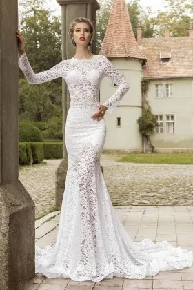 illusion long sleeve sheer lace mermaid wedding dress