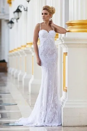 feminine white lace spaghetti straps slim wedding dress1