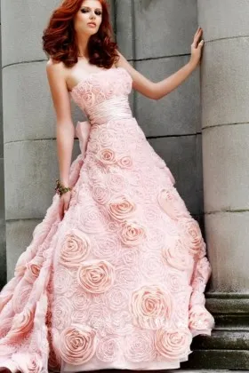 Peach Pink 3D Rosettes Strapless Cute Wedding Gown
