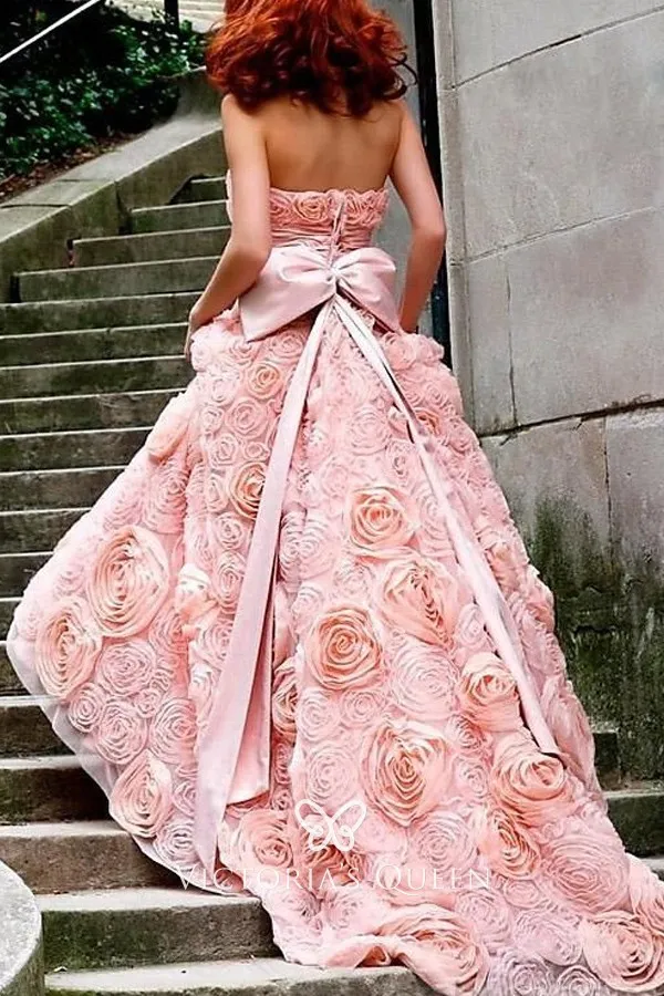Peach Pink 3D Rosettes Strapless Cute Wedding Gown VQ