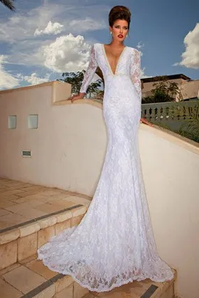 beaded plunging neck sleeved lace summer wedding dress