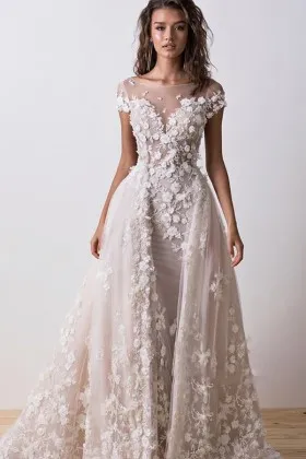 romantic 3D flowers floral nude overskirt wedding dress